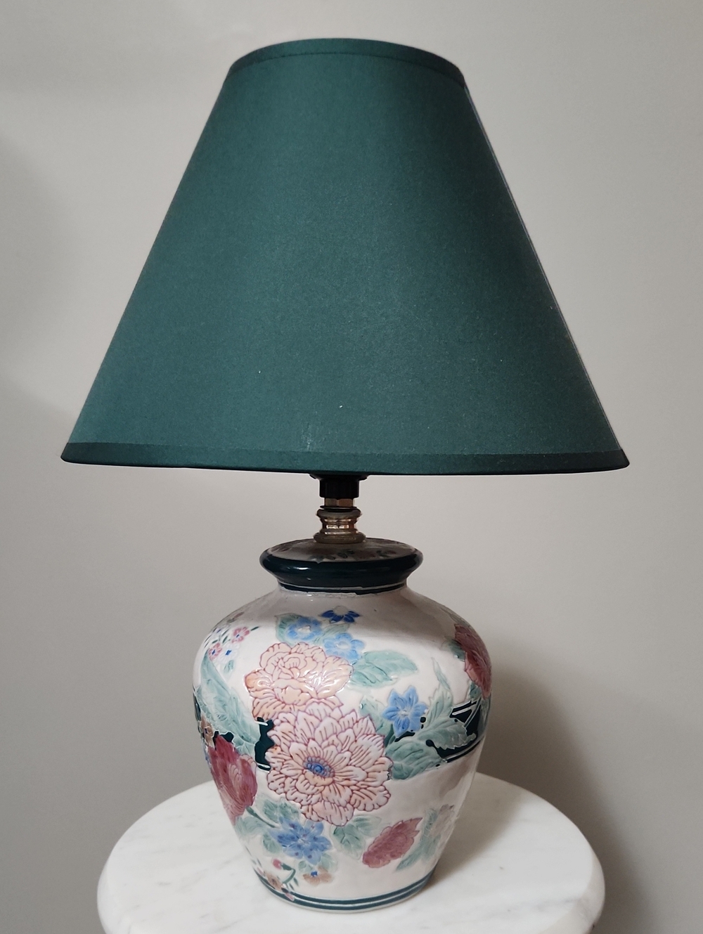 Cottagecore Rose Famille Porcelain Vintage Table Lamp Hunter Green Shade